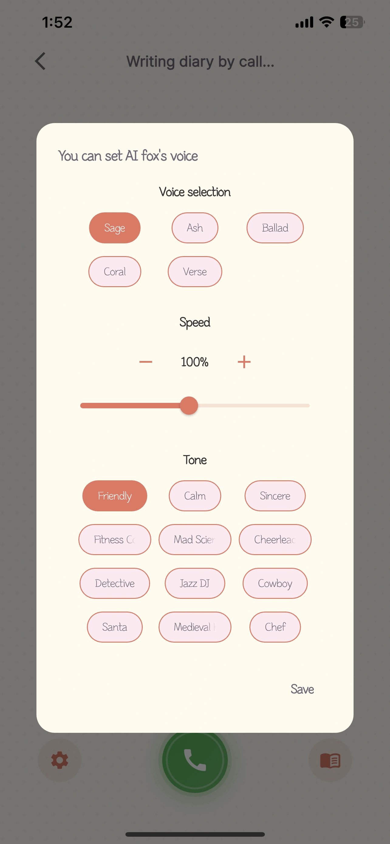 Callog voice diary voice settings screen